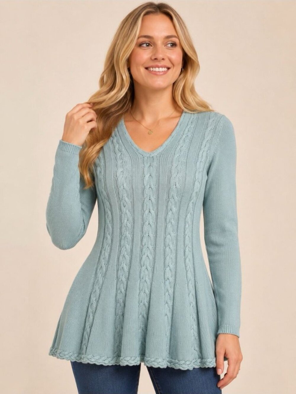 NWT Cupio Cable Knit Sweater Tunic Womens Large Sea Azure Blue Cotton Rayon